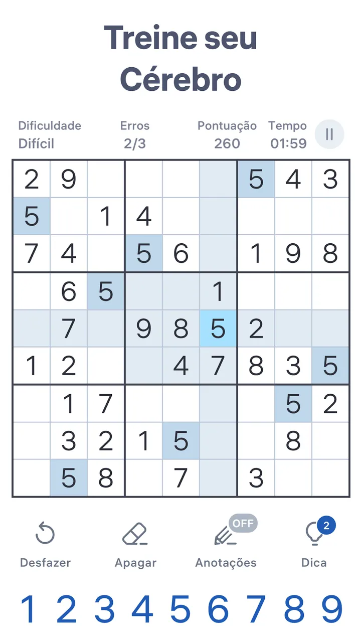 Tabuleiro de Sudoku.com com números por preencher no ecrã do telemóvel
