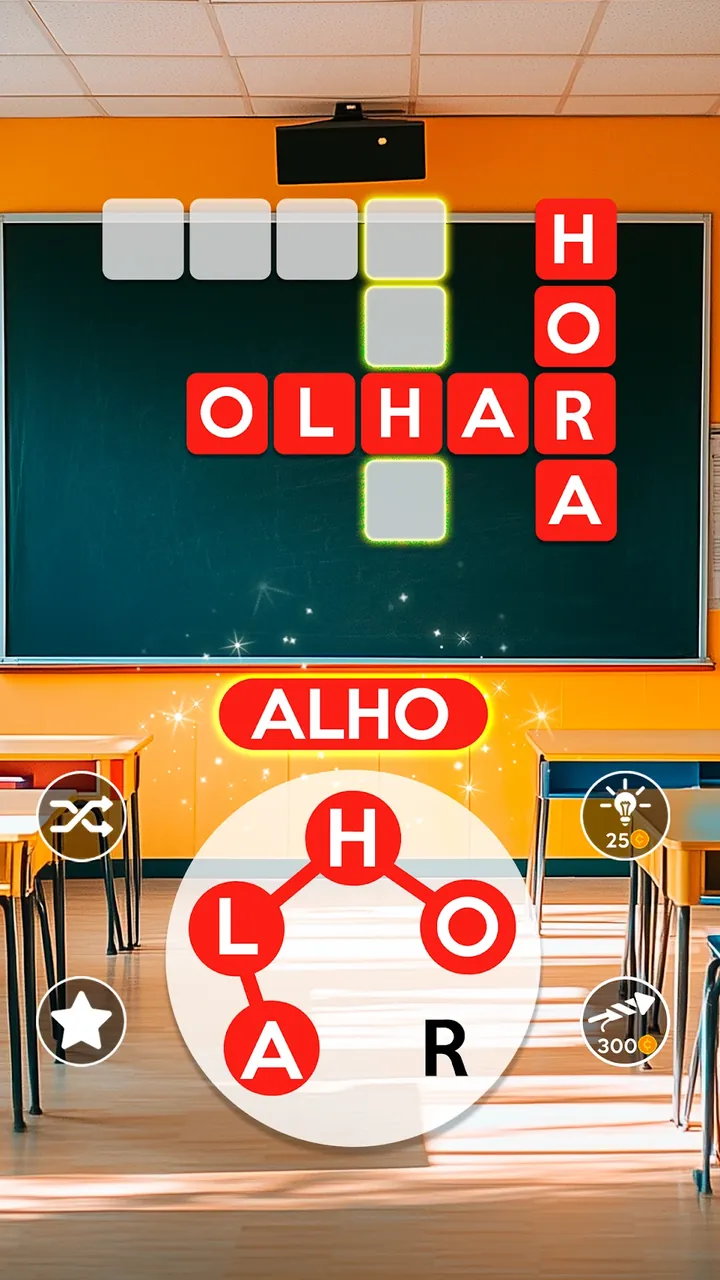 Nível de Wordscapes com o círculo de letras e a grelha de palavras
